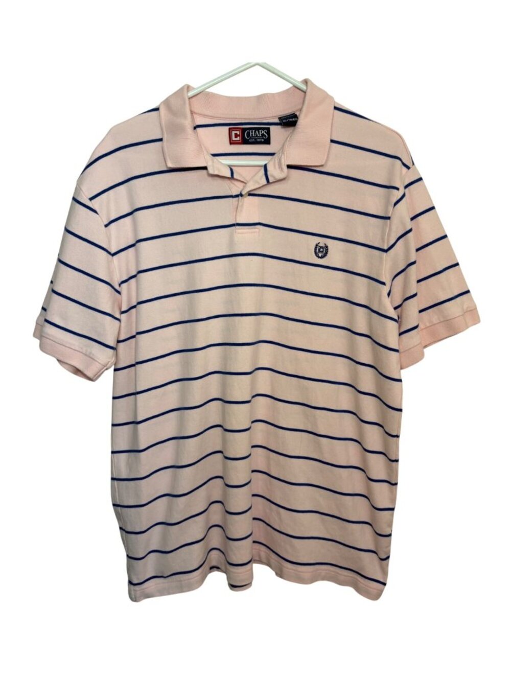 Chaps Mens Pink & Blue Striped Short Sleeve Polo Shirt XL Cotton Classic Fit